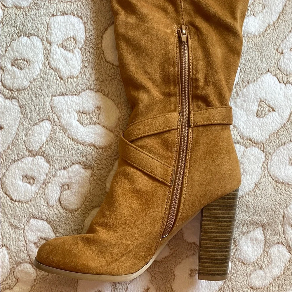 Women's Tall Tan Faux Suede Stacked Heel Boots